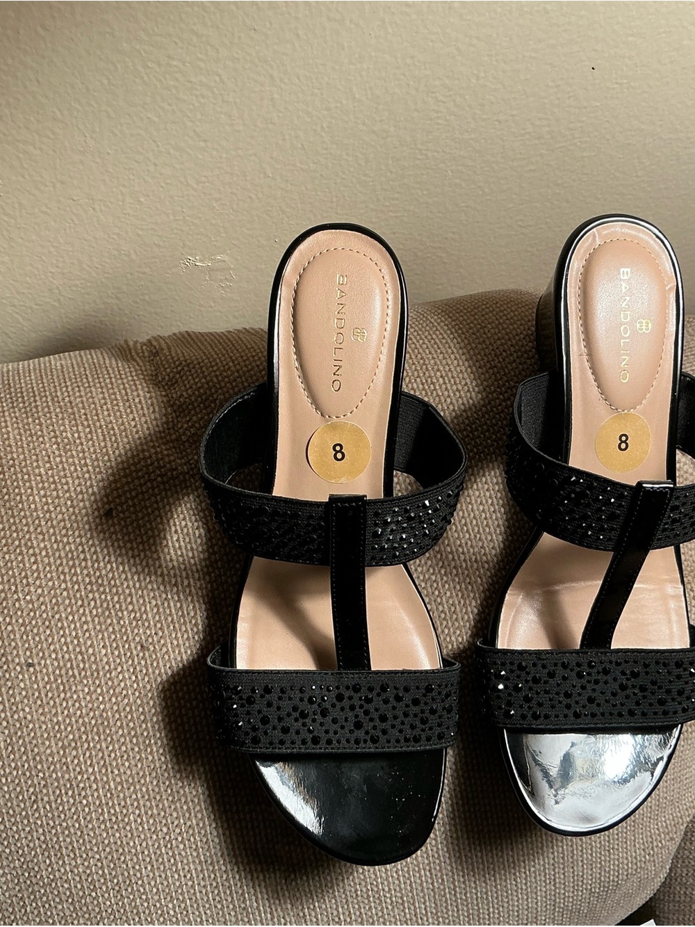Bandolino Black beaded-Strap Slide Sandals with Silver Toe